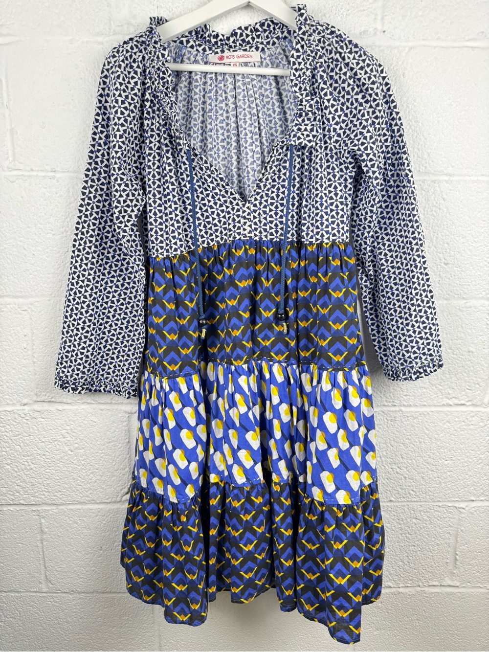 Ro’s Garden Mixed Print Tiered Midi Dress Blue Yellow XS